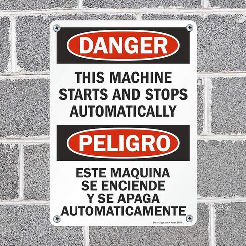 "Danger - This Machine Starts And Stops Automatically" Bilingual Label By SmartSign | 10" x 14" Laminated Vinyl in Saudi Arabia