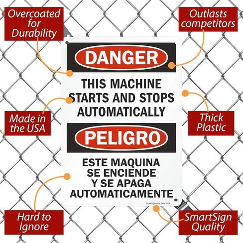 "Danger - This Machine Starts And Stops Automatically" Bilingual Label By SmartSign | 10" x 14" Laminated Vinyl in Saudi Arabia