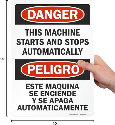 "Danger - This Machine Starts And Stops Automatically" Bilingual Label By SmartSign | 10" x 14" Laminated Vinyl in Saudi Arabia