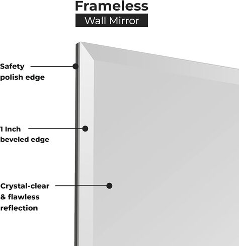 Fab Glass ومرآة مستطيلة بدون إطار مثبتة على الحائط دعامة أمان - مرآة حافة مشطوفة مقاس 1 بوصة لغرفة الزينة والحمام وغرفة النوم وغرفة المعيشة، مقاس 76.2 سم × 101.6 سم، شفافة in Kuwait