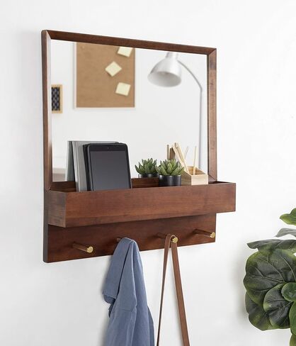 Kate and Laurel Hinter Mid-Century Framed Wall Mirror with Pocket Shelf, 24 x 24, Walnut Brown, Organizing Mail Holder and Wall Hooks in Saudi Arabia
