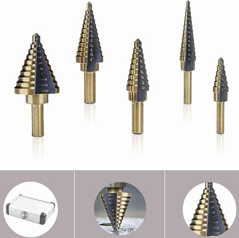5PCS HSS Cobalt Step Drill Bit Set Multiple Hole 50 Sizes with Aluminum Case for Metal Wood Step Cone Drill (Dark Bronze) in Saudi Arabia