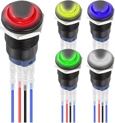 5Pcs 12mm Latching LED Push Button Switch Black Shell IP65 Waterproof Self-Locking Push Button Switch SPST 2Position ON Off with Terminal Wires for Car 5Color(Red/Yellow/Blue/Green/White) in Saudi Arabia