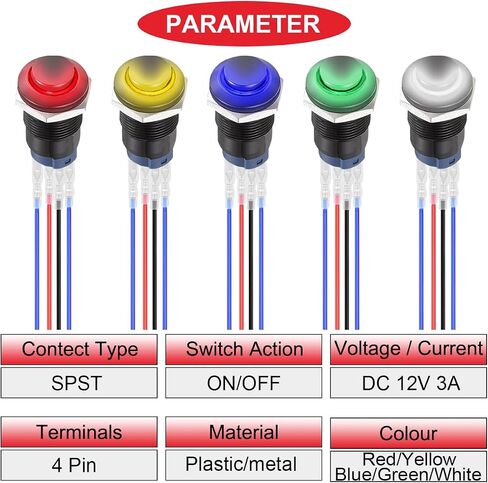 5Pcs 12mm Latching LED Push Button Switch Black Shell IP65 Waterproof Self-Locking Push Button Switch SPST 2Position ON Off with Terminal Wires for Car 5Color(Red/Yellow/Blue/Green/White) in Saudi Arabia