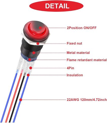 5Pcs 12mm Latching LED Push Button Switch Black Shell IP65 Waterproof Self-Locking Push Button Switch SPST 2Position ON Off with Terminal Wires for Car 5Color(Red/Yellow/Blue/Green/White) in Saudi Arabia