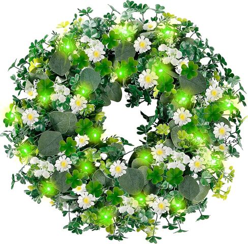 Sggvecsy 18’’ St. Patrick's Day Shamrocks Wreath for Front Door with Daisy Eucalyptus Leaves 30 Green Lights Artificial Greenery Clover Wreath for Irish St. Patrick's Day Decoration Wall Home Decor in Saudi Arabia
