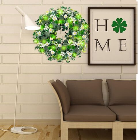 Sggvecsy 18’’ St. Patrick's Day Shamrocks Wreath for Front Door with Daisy Eucalyptus Leaves 30 Green Lights Artificial Greenery Clover Wreath for Irish St. Patrick's Day Decoration Wall Home Decor in Saudi Arabia