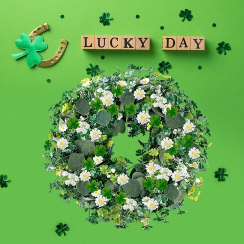 Sggvecsy 18’’ St. Patrick's Day Shamrocks Wreath for Front Door with Daisy Eucalyptus Leaves 30 Green Lights Artificial Greenery Clover Wreath for Irish St. Patrick's Day Decoration Wall Home Decor in Saudi Arabia