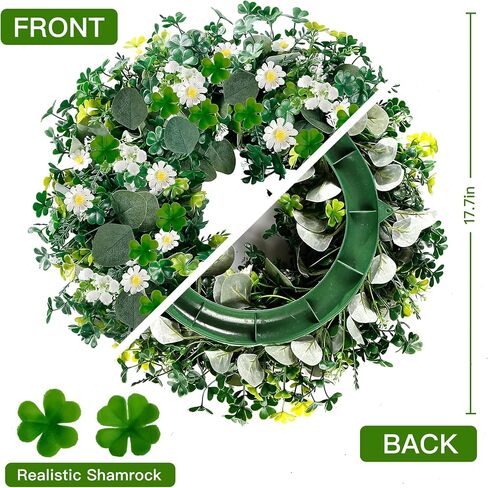 Sggvecsy 18’’ St. Patrick's Day Shamrocks Wreath for Front Door with Daisy Eucalyptus Leaves 30 Green Lights Artificial Greenery Clover Wreath for Irish St. Patrick's Day Decoration Wall Home Decor in Saudi Arabia