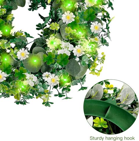 Sggvecsy 18’’ St. Patrick's Day Shamrocks Wreath for Front Door with Daisy Eucalyptus Leaves 30 Green Lights Artificial Greenery Clover Wreath for Irish St. Patrick's Day Decoration Wall Home Decor in Saudi Arabia
