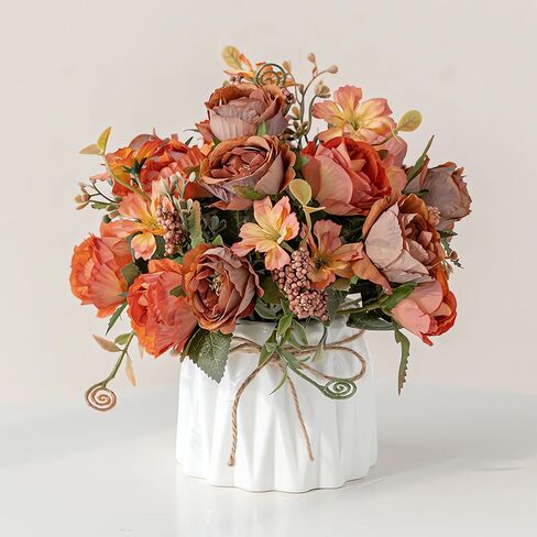 Hbluefat Faux Flowers with Vase,Artificial Silk Flowers in Ceramic Vase,Small Fake Flower Arrangement for Home Office Kitchen Bathroom Coffee Dining Table Centerpiece Decor (Orange,Pomegranate) in Saudi Arabia