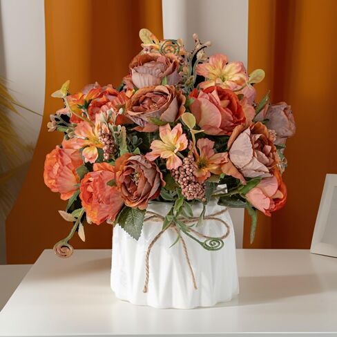 Hbluefat Faux Flowers with Vase,Artificial Silk Flowers in Ceramic Vase,Small Fake Flower Arrangement for Home Office Kitchen Bathroom Coffee Dining Table Centerpiece Decor (Orange,Pomegranate) in Saudi Arabia