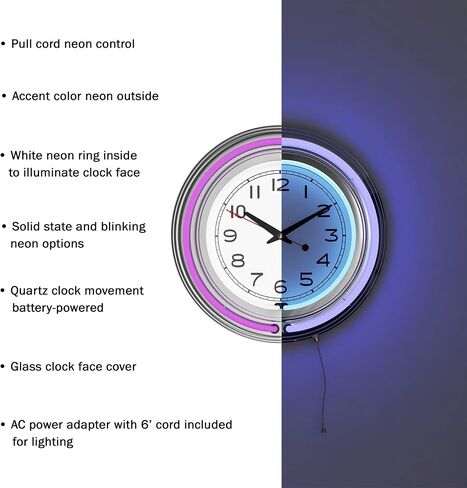 Lavish Home Neon Wall Clock- 14" Round, Double Light Ring, Dual Power, Analog Quartz Timepiece- Retro Decor for Bar, Garage & Game Room (Purple) in Saudi Arabia