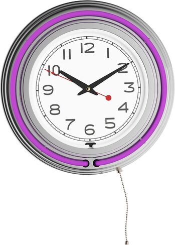 Lavish Home Neon Wall Clock- 14" Round, Double Light Ring, Dual Power, Analog Quartz Timepiece- Retro Decor for Bar, Garage & Game Room (Purple) in Saudi Arabia