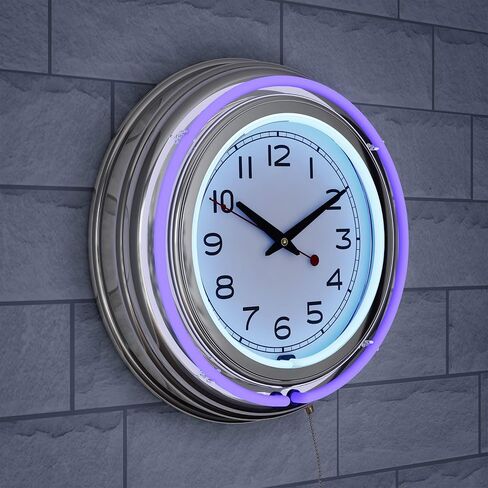 Lavish Home Neon Wall Clock- 14" Round, Double Light Ring, Dual Power, Analog Quartz Timepiece- Retro Decor for Bar, Garage & Game Room (Purple) in Saudi Arabia