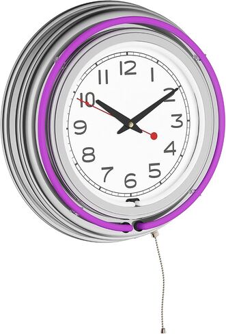 Lavish Home Neon Wall Clock- 14" Round, Double Light Ring, Dual Power, Analog Quartz Timepiece- Retro Decor for Bar, Garage & Game Room (Purple) in Saudi Arabia