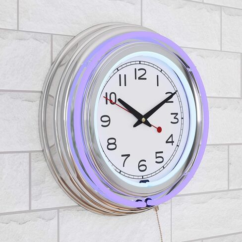 Lavish Home Neon Wall Clock- 14" Round, Double Light Ring, Dual Power, Analog Quartz Timepiece- Retro Decor for Bar, Garage & Game Room (Purple) in Saudi Arabia