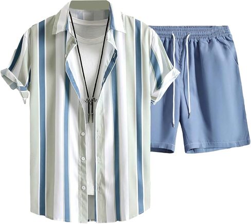 OYOANGLE Men's 2 Piece Outfits Tropical Print Striped Short Sleeve Button Down Hawaiian Shirt and Shorts Sets in Saudi Arabia