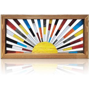 Sunshine Decor Boho Sunrise Wall Art Framed Wooden Art Wall Decor boho wall decor for living room Rainbow Sun Rising On The Horizon Geometric Line 16x8 Inch