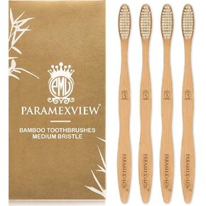 Paramexview® Natural Bamboo Toothbrushes Set of 4 | BPA-Free Medium Bristles, Eco-Friendly | Biodegradable Handle, Charcoal Infused and Organic Base