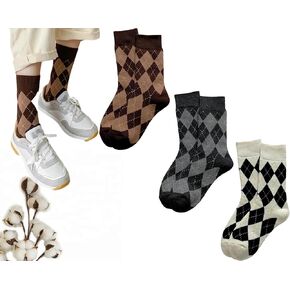 CHUNFO Womens Argyle Socks Casual Running Athletic White Grey Brown Plaid Crew Socks Size5-9