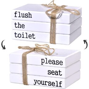 Restroom Decor, Bathroom Decor for Shelves, Toilet Decor, Funny Wooden Farmhouse Mini Book Stack for Bathroom Restroom Shelf Sign Decor Two-Sided Tabletop Decorative Set of 3 (white)