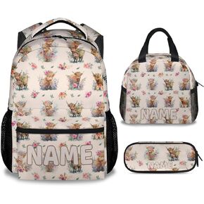 Mercuryelf Highland Cow Girls Boys Backpack with Lunch Box Set, 3 in 1 School Backpacks Matching Combo, Fashion White Bookbag and Pencil Case Bundle