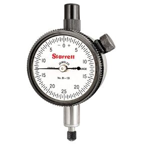 Starrett 81 Series Dial Indicator with Jewel Bearings and Lug-On-Center Back - White Face, 0-.125" Range, 0-25-0 Balanced Dial, .0005" Graduations - 81-131J