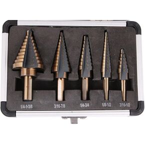 Driak 5Pcs Inch HSS Step Drill Bit Triangle Pagoda Drill Titanium Cone Drill Hole Cutter Drill Bit with Aluminum Case