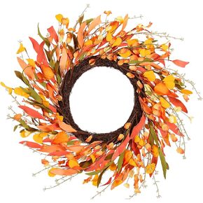 20" Artificial Fall Wreath for Front Door Orange Fall Leave Wreath Autumn Wreath with Colorful Autumn Foliage and Grain Farmhouse Fall Door Wreath for Harvest Thanksgiving Fall Decorations