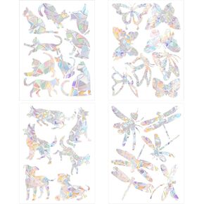 4 Sheets Anti Collision Window Stickers for Birds, Window Strike Prevention Decals Non Adhesive Rainbow Window Clings Cat Dog Dragonfly Butterfly Stickers to Prevent Bird Strikes on Glass