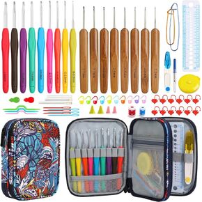 LOOEN 68PCS Crochet Hooks Set w Case, 9 pcs Rubbery Handles Hook 2.0MM-6MM and 8 pcs Bamboo Hook 1.0MM-2.75MM Comfort Grip for Arthritic Hands-Accessories Included