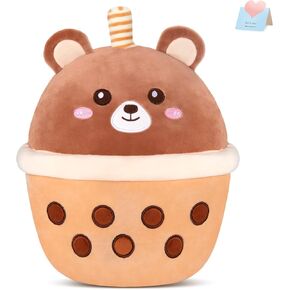 Bear Boba Tea Plush,Boba Bear Plush Pillow,Cute Bubble Tea Bear Stuffed Animal,Soft Boba Bear Plushie,Pearl Milk Tea Plush Toy Birthday Christmas Valentines Gifts for Kids (Brown,12 inch)