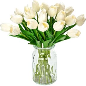 White Tulips Artificial Flowers with Vase, 20 Pcs Faux Tulip Stems Real Feel PU Flowers Arrangement Suitable for Kitchen Living Office Spring Decor, Centerpiece Table Decorations