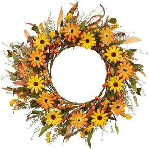20 Inch Artificial Fall Front Door Wreath Autumn Wreaths for Indoors Orange Daisy Wreath with Small Pumpkins Berries Foliage for Wall Farmhouse Porch Harvest Festival Thanksgiving Day
