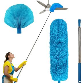 2 Pack Cobweb Duster with Extension Pole, Spider Web Brush & Ceiling Duster Kit for Cleaning, 100" Microfiber Feather Duster with Washable Head for Ceiling Fan, Furniture, Home -Blue