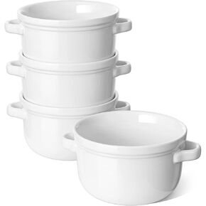 أوعية شوربة LE TAUCI بمقابض سعة 28 أونصة، وعاء شوربة البصل الفرنسي للفلفل الحار وحساء اللحم البقري والحبوب وحساء السيراميك آمن للاستخدام في الفرن، آمن للاستخدام في غسالة الأطباق في الميكروويف - 5.5 بوصة، مجموعة من 4 قطع، أبيض