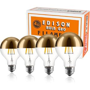 Half Chrome Light Bulb 6W (60W Equivalent) Dimmable LED Edison Bulb G80/G25 Globe Shape Decorative LED Bulb Half Gold Reflected Light 2700K Soft White E26 Base Pack of 4