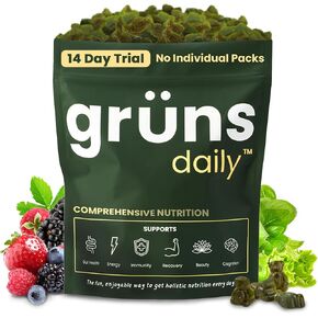 Grüns Super Greens Gummy Bears: Organic Spirulina and Chlorella, Prebiotics for Digestive Health, 20+ Vitamins and Minerals, Adaptogens - 112 Gummies
