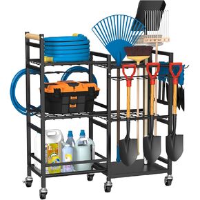 NADAMOO Large Garden Tool Organizer with Rolling Wheel, Heavy Duty 3-tier Metal Shelf Yard Tool Holder, Utility Stand Rack for Garage Organization and Storage, Hold Long-Handled Rakes, Shovel, Broom in Kuwait
