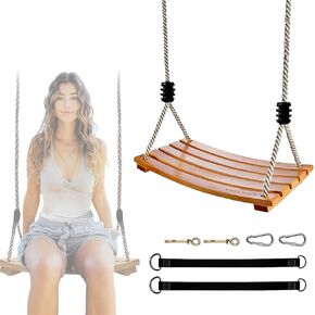 Wooden Tree Swing for Adults and Kids Curved Wood Tree Swing Seat for Extra Comfort Includes Complete Tree Swing Hanging Kit Indoor or Outdoor Rope Swing for Trees with Curved Wooden Swing Seat