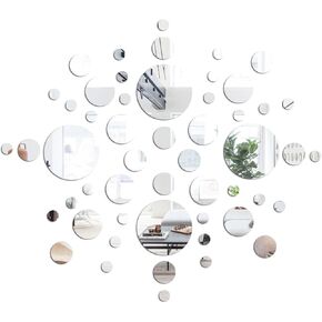 Acrylic Mirror Tiles Frameless Round Wall Mirrors Mirror Tiles Round Wall-Mount Mirrors with Acrylic Double Sided Adhesive for Bedroom Bathroom Craft (52 Pcs, 1/2/3/5 Inch)