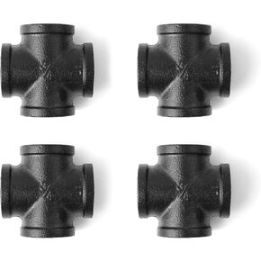 3/4" Black 4-Way Cross Fitting Connector, Home TZH 4-Pack Cast Malleable Iron 4 Way Corner Pipe Fittings for Industrial vintage style DIY Project/Furniture/Shelving Decoration(4, Black 3/4")