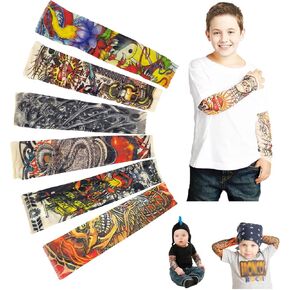 Temporary Tattoo Sleeves for Kids, Fake Slip On Arm Sunscreen Sleeves, 6pcs - Eagle,Skull,Dragon,Clown, Snake,etc