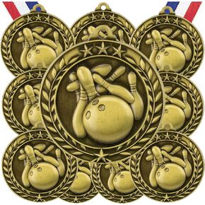 10 Pack Bowling Gold Medals Trophy Award with Neck Ribbons WAMG-906