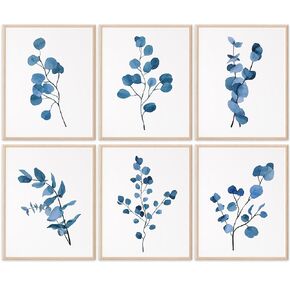 Eucalyptus Dark Blue Art Prints (Set of 6) - Unframed - 8x10s | Trendy Botanical Decor for Living Room, Family Room, Bathroom, Office, Nursery - Gift for Gardener, Plant Lover