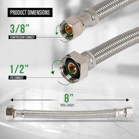 27108-NL خط إمداد صنبور مجدول من الفولاذ المقاوم للصدأ مع تركيب ضغط 1/2 بوصة IPS و3/8 بوصة، 8 بوصة in Kuwait