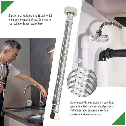 27108-NL خط إمداد صنبور مجدول من الفولاذ المقاوم للصدأ مع تركيب ضغط 1/2 بوصة IPS و3/8 بوصة، 8 بوصة in Kuwait