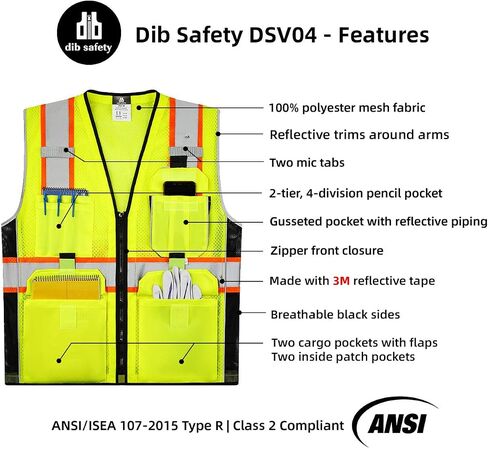 Dib Safety Vest Reflective Yellow Mesh, High Visibility Vest with Pockets and Zipper, ANSI Class 2 Heavy Duty, Made with 3M Reflective Tape XL in Saudi Arabia