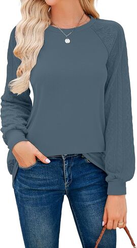 JUSTFASHIONNOW كنزات نسائية ذات رقبة دائرية وأكمام طويلة سترات نسائية لخريف 2024 ملابس عصرية أزرق XXL in Kuwait
